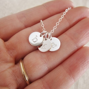 Tiny silver initial necklace, mothers necklace, grandma necklace, childrens initials, silver initial charms, hand stamped lowercase initial