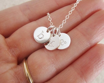 Tiny silver initial necklace, mothers necklace, grandma necklace, childrens initials, silver initial charms, hand stamped lowercase initial