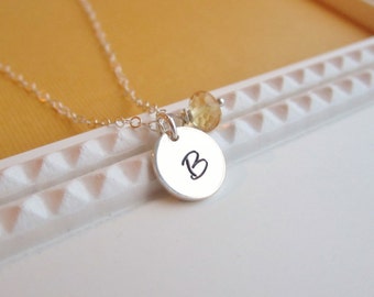 Custom birthstone necklace, personalized sterling silver initial necklace, yellow citrine, November birthstone, custom monogram necklace