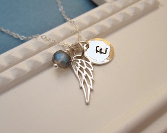 Memorial necklace sympathy gift Mothers necklace Angel wing remembrance necklace Child initial necklace Birthstone necklace Grandma necklace