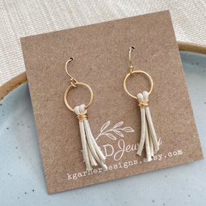 Cute mini tassel earrings Small white leather fringe on gold or silver metal hoops Modern boho dangle earrings Country wedding jewelry