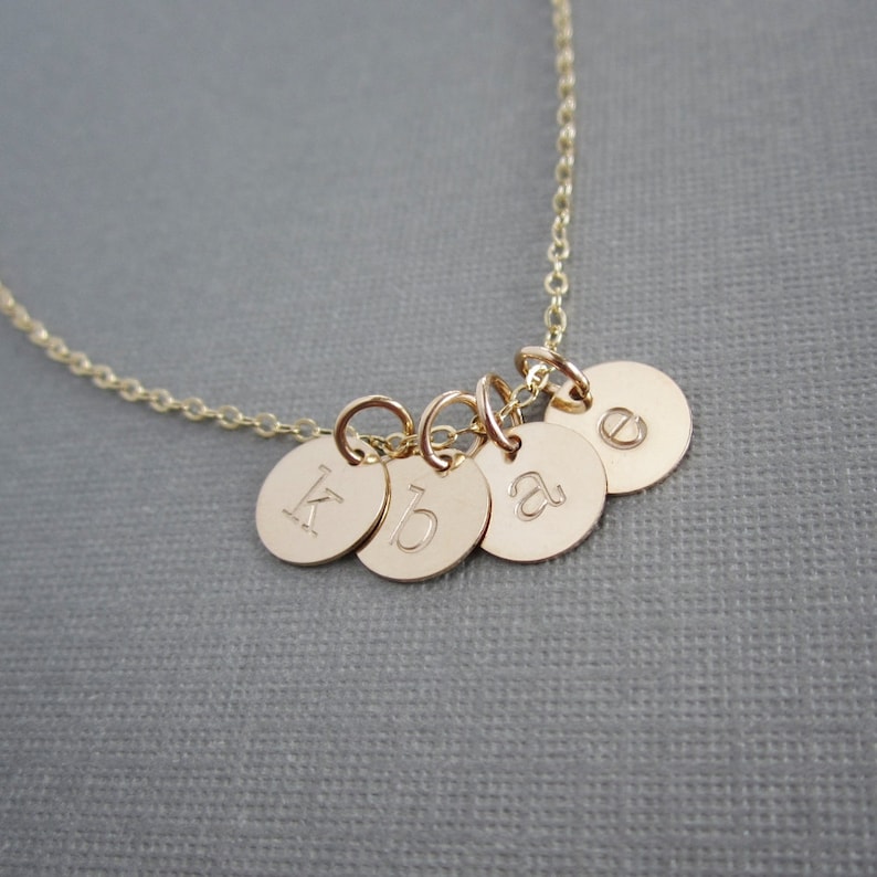 Tiny gold initial necklace Mothers necklace Grandma necklace Childrens initials Gold initial charms Hand stamped initials Gift for mom image 4