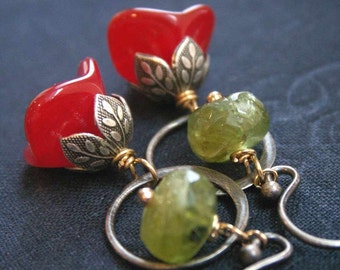 Christmas blossom earrings Red earrings Green earrings Holiday jewelry Peridot earrings, flower earrings, oxidized sterling silver earrings