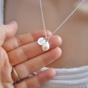 bridesmaid Teardrop Pearl necklace, personalized, .925 sterling silver initial necklace, freshwater pearl, monogram necklace bridesmaid gift