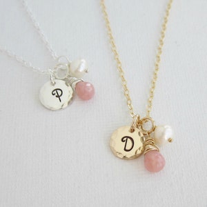 October birthstone necklace, personalized pink opal necklace, custom initial, sterling silver monogram, silver necklace, freshwater pearl