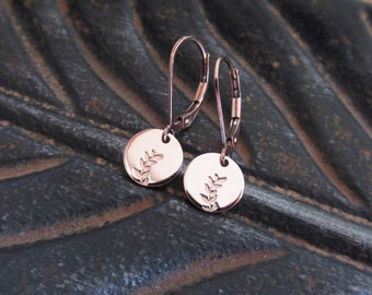 Rose gold earrings with handstamped leaves design, simple drop dangle earrings, spring summer leaf earrings, rose gold, sterling silver