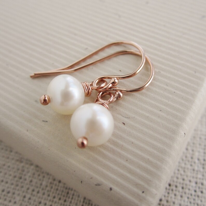 Rose Gold Pearl Drop Earrings Bridesmaid Earrings Minimalist Etsy