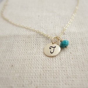 Tiny gold initial necklace Gift for her December birthstone necklace personalized birthstone, turquoise necklace, December birthday gift