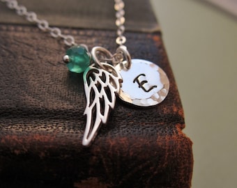 Angel wing necklace, personalized necklace, silver initial necklace, custom birthstone necklace, angel wing charm, silver monogram necklace