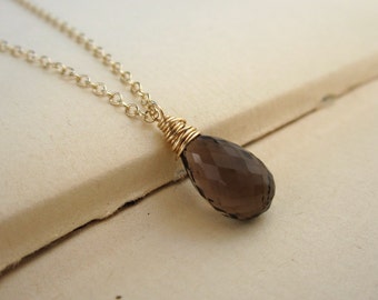 Smoky quartz necklace, Quartz pendant, brown, gray necklace, sterling silver OR gold necklace chain, boho wire wrapped Smoky quartz gemstone