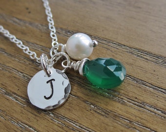 New mom necklace, personalized initial, May birthstone necklace, Mothers necklace, freshwater pearl, silver initial necklace, May birthday