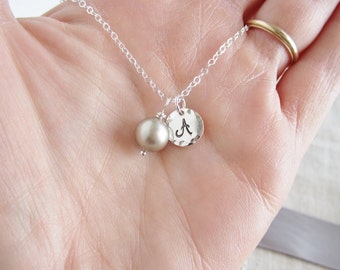 Bridesmaid pearl necklace, custom initial and pearl, custom pearl color, personalized bridesmaid necklace, custom silver initial necklace
