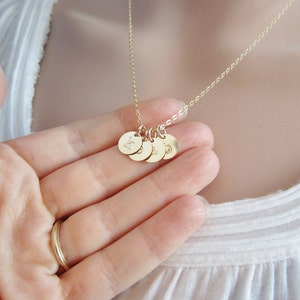 Tiny gold initial necklace Mothers necklace Grandma necklace Childrens initials Gold initial charms Hand stamped initials Gift for mom image 5