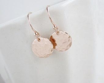 Tiny Dot Rose gold earrings Pink gold earrings Hammered rose gold discs Dainty earrings Everyday earrings Simple small dangle earrings