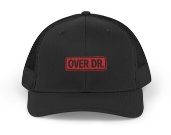 OVER DR stamp logo Snapback Cap | red distressed trucker hat