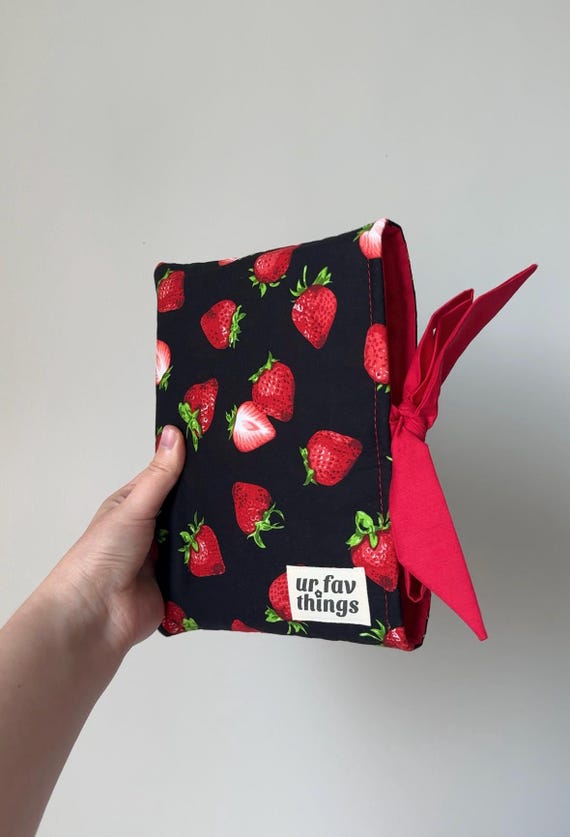 Handmade Book Sleeve with Red Strawberries on Black | Soft Padded Book Cover with Bow | Bookish Gift for Her | Reader Gift