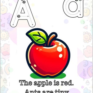 Op de afbeelding: Oefenblad voor het traceren van de letter A met een illustratie van een rode appel. De tekst luidt "De appel is rood. Mieren zijn klein."