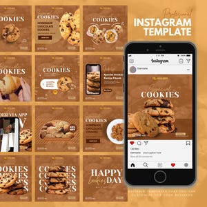 Può includere: Modelli Instagram per "Special Cookies" con immagini di biscotti e testo promozionale. I modelli sono mostrati su uno smartphone, mostrando una pila di biscotti e l'interfaccia di Instagram. Il design è prevalentemente marrone e bianco.