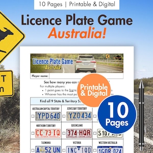 May include: A printable and digital "Licence Plate Game Australia!" with 10 pages. The game includes a road sign with a kangaroo, a road sign that says "NEXT 5km", and a black pen. The game is designed to find all 9 State & Territory.