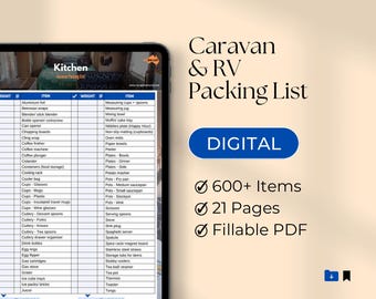Lista de verificación para el embalaje de vehículos recreativos, lista digital para caravanas en PDF, artículos esenciales para autocaravanas, guía rellenable para el embalaje de remolques de viaje