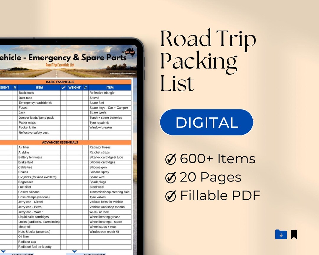 Road Trip Packing Checklist, Fillable Digital Travel Planner, Essential ...