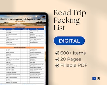 May include: A digital road trip packing list displayed on a tablet. The list includes basic and advanced essentials, with the text "Road Trip Packing List" and "Digital" prominently featured. The list contains over 600 items, 20 pages, and is a fillable PDF.