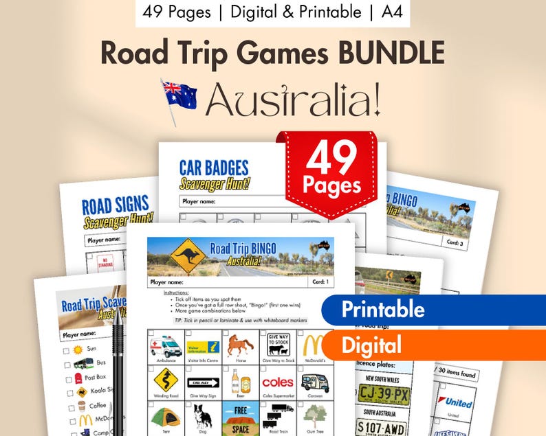 Australian Road Trip Games BUNDLE, Printable Road Trip Bingo, Digital ...