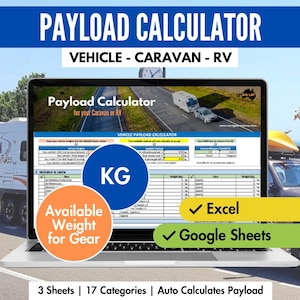 May include: A laptop screen displays a payload calculator for caravans and RVs. The calculator shows vehicle weight information and available weight for gear, with options for Excel and Google Sheets. The image includes a caravan and a car.