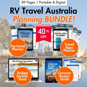 May include: A digital RV Travel Australia Planning BUNDLE! with 89 pages, printable and digital. The image shows a laptop, tablets, and a smartphone displaying various planning documents, including a budget spreadsheet and travel apps planner. A red banner indicates a 40% discount.