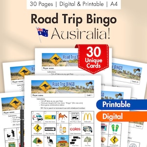 May include: Printable Road Trip Bingo cards with an Australian theme. The cards feature a kangaroo graphic and the text "Road Trip Bingo Australia!" The image includes a pen and a red banner that says "30 Unique Cards". The paper size is A4.
