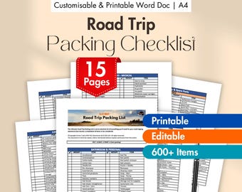 May include: A stack of printable road trip packing checklists. The checklists are on white paper with blue and black text. The image includes the text "Road Trip Packing Checklist", "Printable", "Editable", and "600+ Items". A red banner reads "15 Pages".