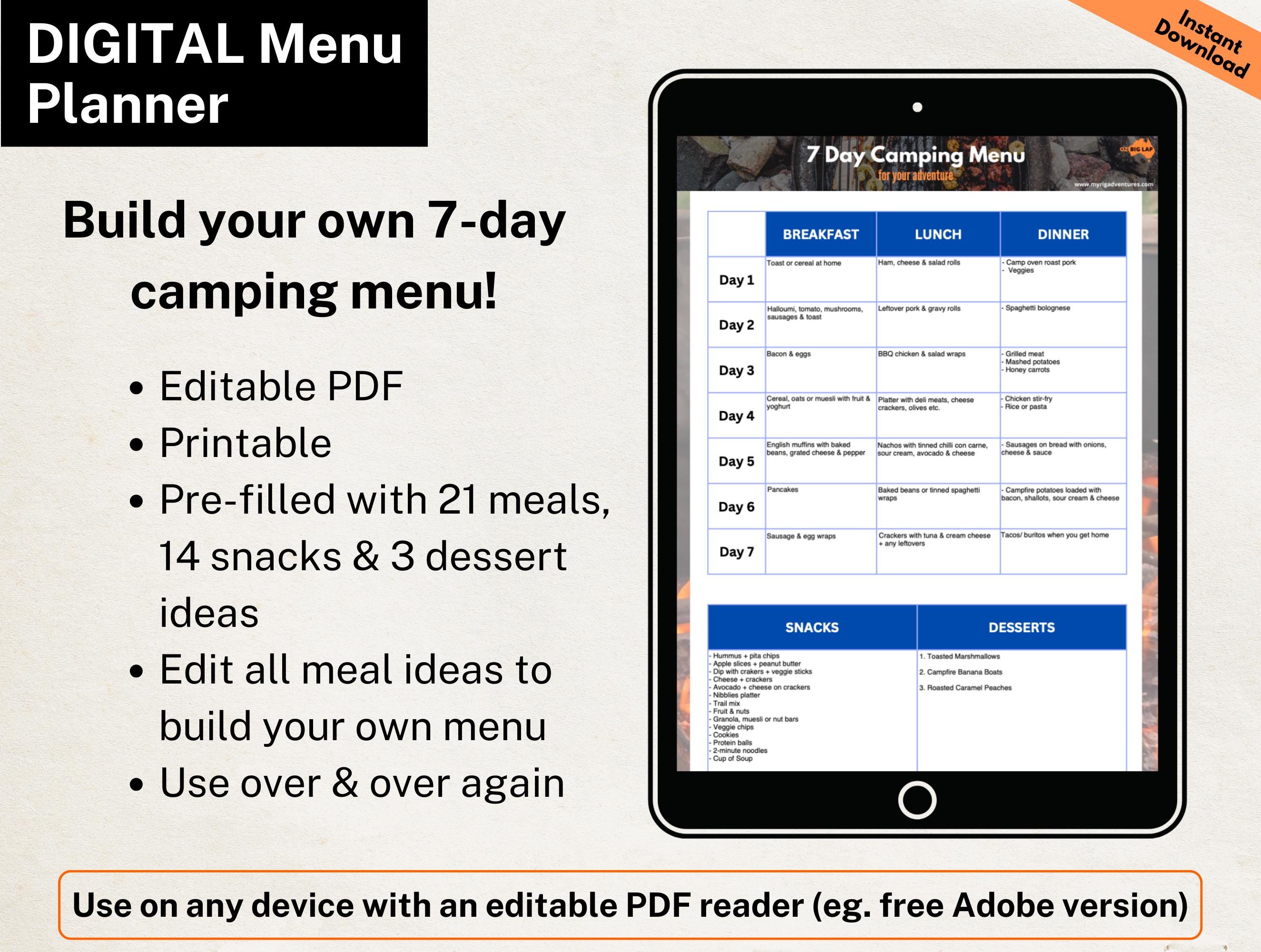7-day Camping Menu Planner Printable, Digital RV Meals List, Caravan ...