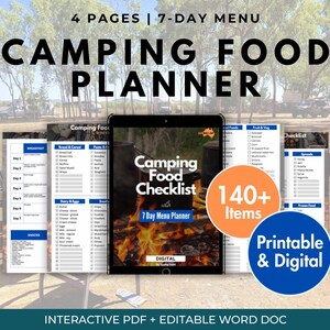 PRINTABLE + DIGITAL 7-Day Camping Menu Planner | Camping Food Checklist | RV Food Checklist | Caravan Food List, Weekly Camping Recipe Ideas