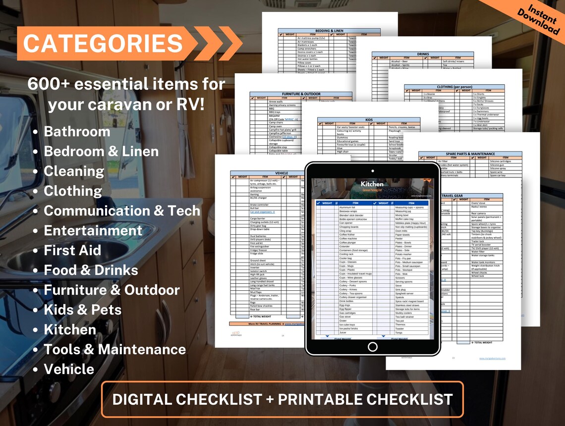 RV Packing List Printable, Editable Caravan Checklist, Motorhome ...