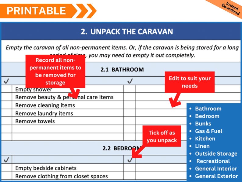 Caravan Storage Checklist Printable, RV Maintenance Tracker, Digital ...