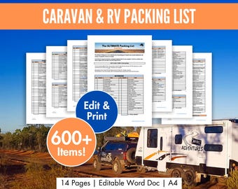 Lista de verificación imprimible para el embalaje de la caravana, lista editable de elementos esenciales para autocaravanas, guía de artículos para autocaravanas, elementos esenciales para autocaravanas, descarga digital de remolques de viaje