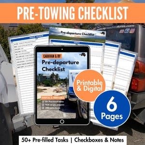 Caravan Pre-Towing Checklist Printable, Digital Travel Trailer Hitching Up Guide, RV Travel List, Camper Pre-Travel Log, PDF Download