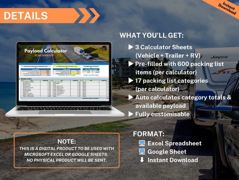 RV Payload Calculator Spreadsheet, Caravan Weights Calculator, Travel ...