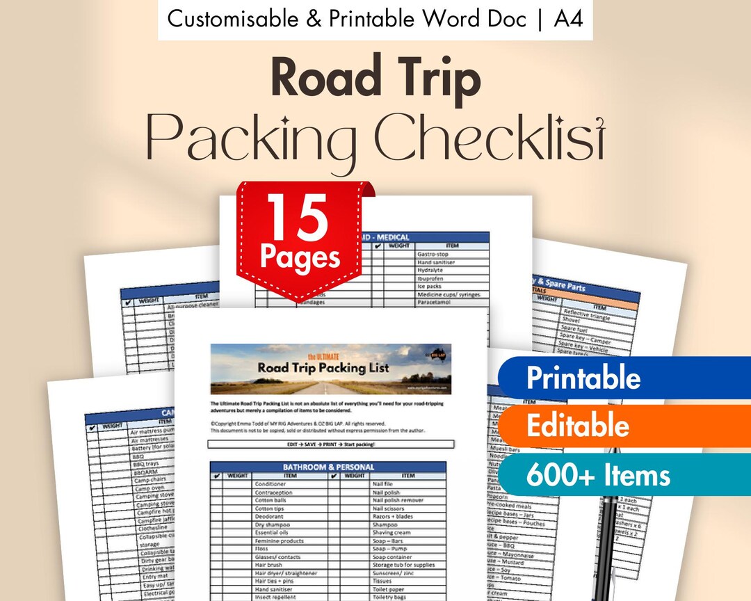 PRINTABLE Road Trip Packing List | Travel Packing Checklist | Camping ...