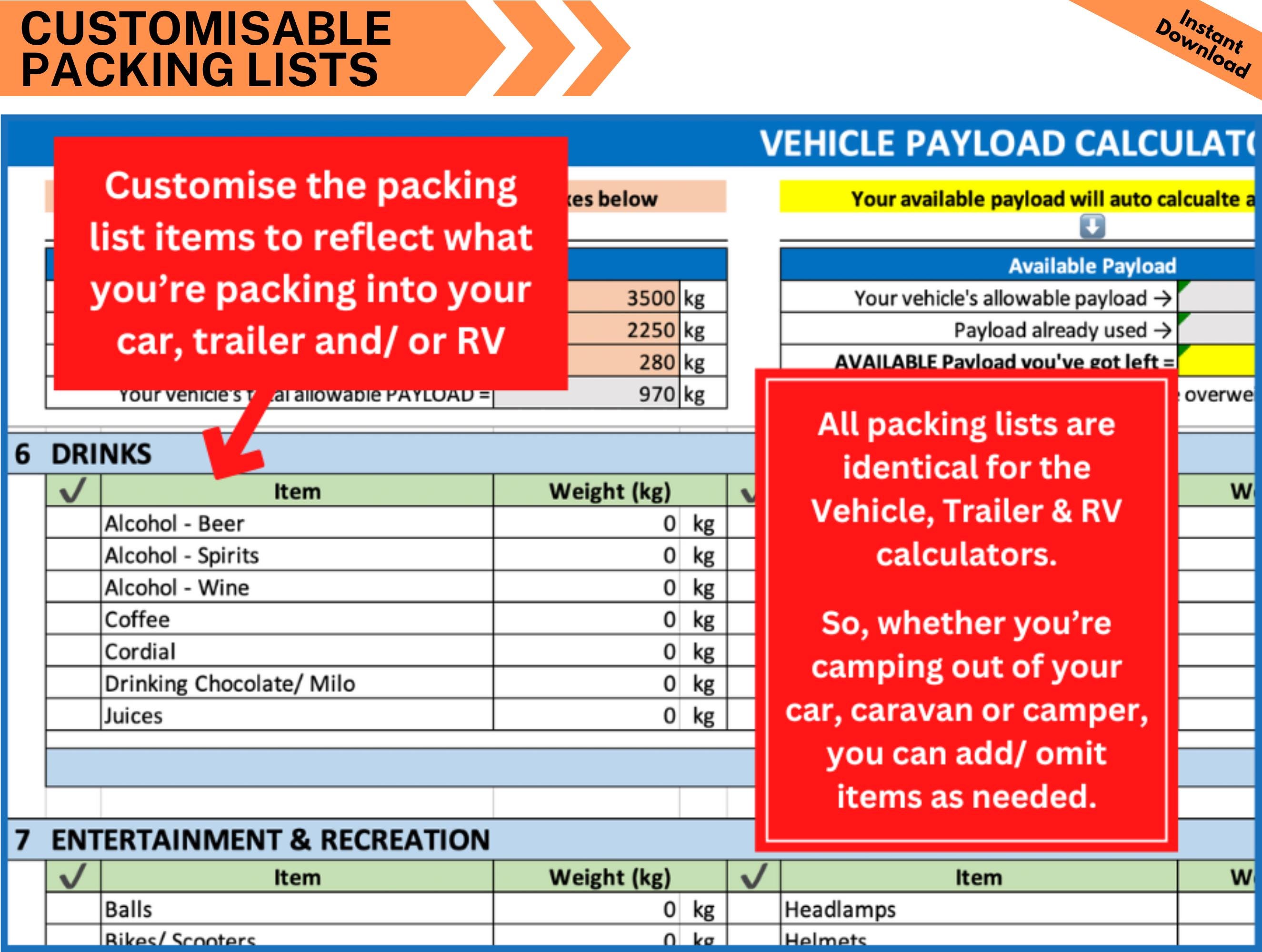 RV Payload Calculator Spreadsheet, Caravan Weights Calculator, Travel ...