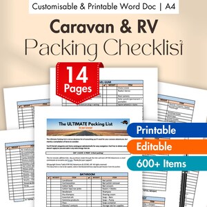 May include: A printable and editable Caravan & RV Packing Checklist, with 14 pages and over 600 items. The document includes a packing list for travel gear and bathroom items. The text includes "Customisable & Printable Word Doc | A4".
