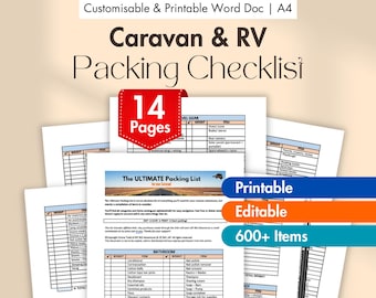 Lista de verificación de empaque para RV imprimible, lista de verificación editable para caravana, artículos para remolque de viaje, elementos esenciales para autocaravanas, guía de empaque para autocaravanas descargable
