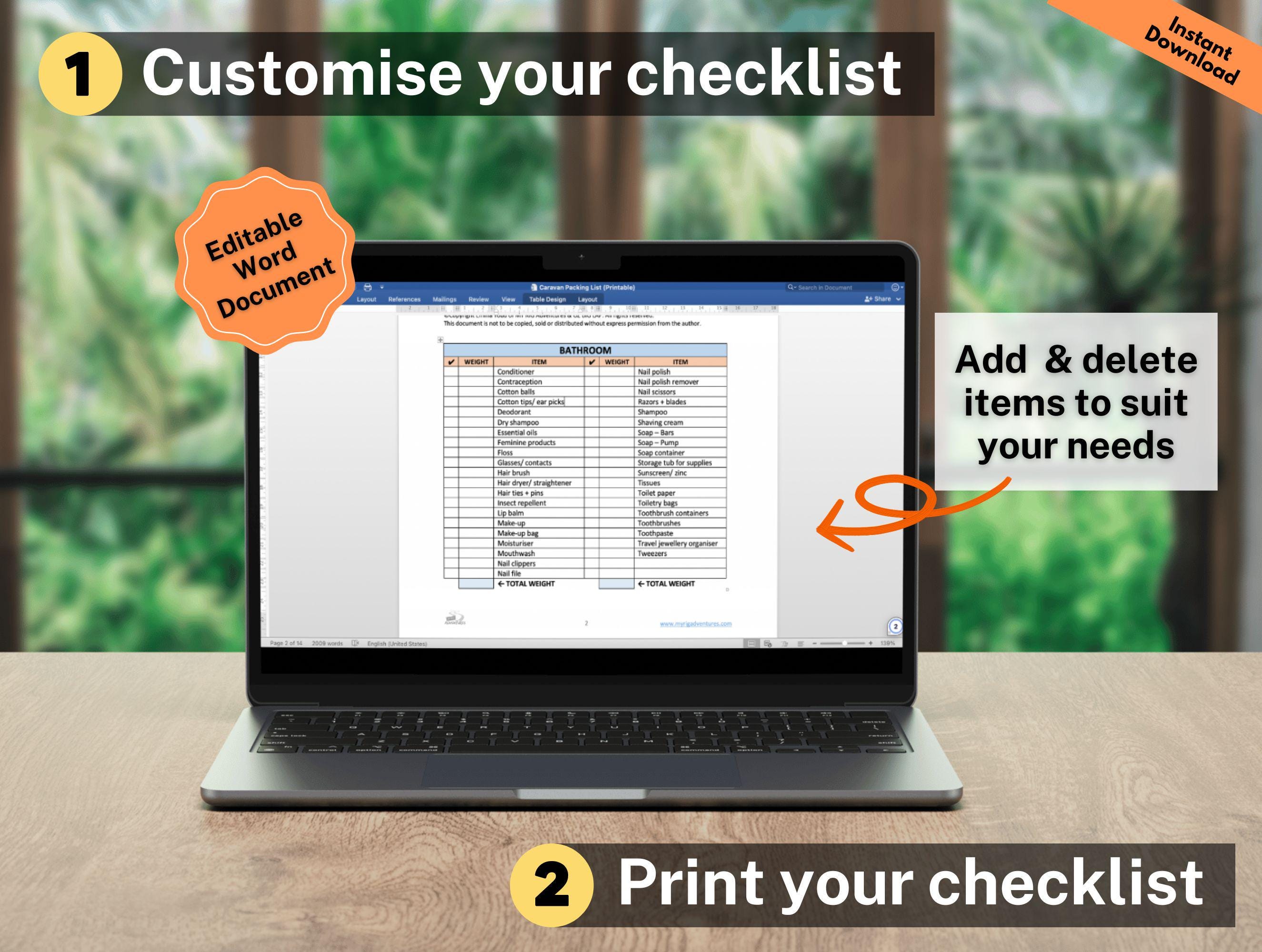 Caravan Packing Checklist Printable, Editable RV Essentials List ...