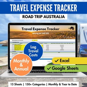 May include: A laptop displays a travel expense tracker spreadsheet with the text "Travel Expense Tracker" and "Road Trip Australia." The image includes a trailer, the text "Excel" and "Google Sheets," and the words "Monthly & Annual."