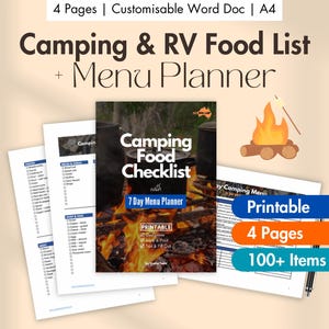 Camping Food Checklist Printable, RV Meal Planner, Editable 7-Day Camping Menu, Caravan Pantry List, Motorhome & Travel Trailer Food Items