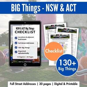 May include: A digital and printable checklist for NSW & ACT Big Things, displayed on a tablet and printed pages. The checklist includes locations, addresses, and over 130 items, organized alphabetically across 20 pages. The image also features colorful, decorative egg sculptures.