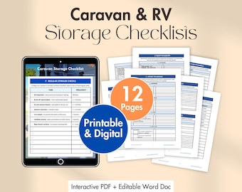 May include: A digital and printable caravan and RV storage checklist. The image shows a tablet displaying a checklist, a stack of printed pages, and a circular graphic indicating 12 pages. The text reads "Caravan & RV Storage Checklists."