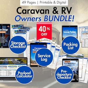 May include: A digital bundle for caravan and RV owners, featuring checklists, service logs, and a payload calculator. The image includes tablets, a laptop, and printed documents, all with the text "Caravan & RV Owners BUNDLE!" and "40% OFF".