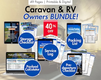 May include: A digital bundle for caravan and RV owners, featuring checklists, service logs, and a payload calculator. The image includes tablets, a laptop, and printed documents, all with the text "Caravan & RV Owners BUNDLE!" and "40% OFF".