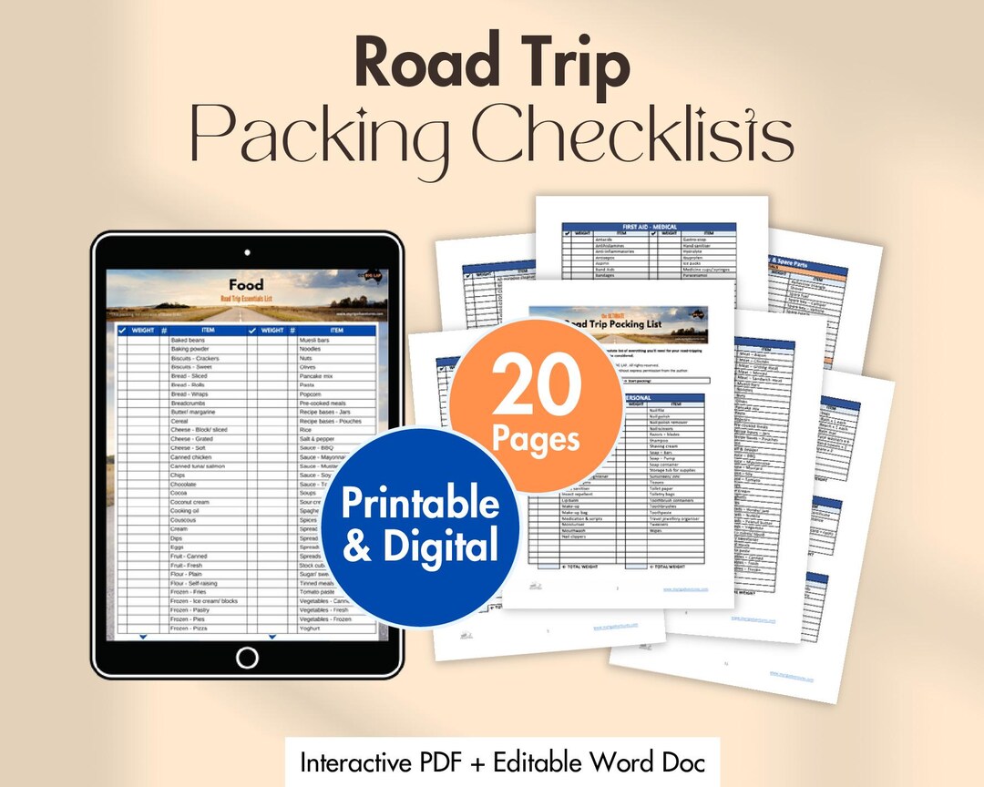 Road Trip Packing List Printable, Digital Travel Checklist, Fillable ...